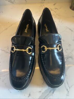 J. McLaughlin Black Leather Loafers with Gold Horsebit